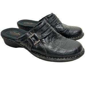 CLARKS BENDABLES Genuine Leather Black Mules Comfort Shoes Loafers Flats sz 6.5
